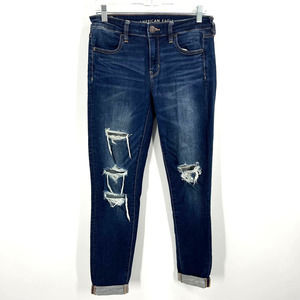 American Eagle Jeggings Dark Wash Distressed Fringe Cuff Hem Women's 8 R